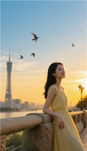 日暮黄昏城市建筑美女写真摄影图片